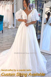 Deep V-Neck A-Line Wedding Dresses Puffy Sleeves Princess Bridal Gowns Plus Size Custom Made