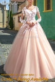 Blush Pink Wedding Dresses Long Sleeves A Line Vestido De Noiva 2023 Scoop Lace Appliques Bridal Married Wedding Gowns