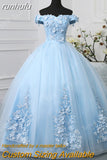 Novias New Fashion Blue Off Shoulder Quinceanera Dresses Sweet Party Prom Dress Luxury Lace 3D Flowers Ball Gown Vestidos