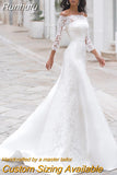NICEB Sexy Boat Neck Mermaid Wedding Dress 3/4 Lace Sleeves robe de mariée Off Shoulder Appliques Buttons Bridal Gown