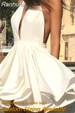 Sexy Halter Collar Short Wedding Dress For Bride 2023 Sleeveless A-Line Bridal Gown Simple Satin Vestido De Novia
