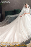 Embroidery Wedding Dress With Big Train 2023 High Neck Half Sleeve Wedding Gown Vintage Bridal Gown