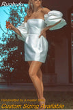 Simple Strapless Short Wedding Dress For women 2023 Detachable Puff Sleeves Backless A-Line Satin Vintage Bridal Gown