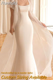 Satin Mermaid Wedding Dress Square Collar Short Cap Sleeve Bride Gown For Woman Waist Bow Illusion Beads Vestido de Novia