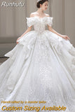 New Luxury Off The Shoulder Wedding Dress Lace Applique Boat Neck Bridal Dress Ball Gown Vestido De Noiva With A Big Tail