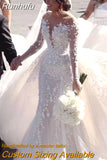 Detachable 2 In 1 Mermaid Wedding Dress Heavy Industry Embroidery Lace Bead 0-neck Full Sleeve Gown Robe De Mariee 912