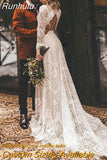 Long Sleeves Floral Lace V Neck Boho Wedding Dress Deep V Neck Open Back Modest Rustic Civil Bridal Gown