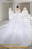 New Luxury Off The Shoulder Wedding Dress Lace Applique Boat Neck Bridal Dress Ball Gown Vestido De Noiva With A Big Tail