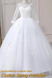 Video Cheap Luxury Pearls Ball Gowns O-Neck Off White Tulle Bridal Dress For Wedding Dresses with Sleeve Plus Size Custome