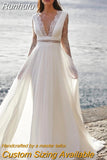 Women's Bohemian Wedding Dresses Elegant V-Neck A-Line Tulle Lace Applique Bridal Gowns Formal Beach Party Robe De Mariée