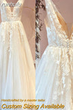 Champagne V Neck Lace Appliques Wedding Dress 2023 with Shiny Tulle Vestidos Garden A Line Backless Bridal Gowns