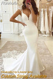 Deep V-Neck Mermaid Wedding Dresses 2023 Cap Sleeve Lace Appliques Backless Formal Satin Bridal Gown Long Sweep Train