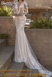 Luxury Lace Appliques Sequins Mermaid Wedding Dress V-Neck Long Sleeve Backles Sweep Train Bride Gown Vestidos De Noiva 925