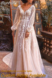 NICEB Boho Vintage Wedding Dress Lantern Sleeves Lace Backless Bride Gown Illusion O-Neck Tulle Vestido De Fiesta De Boda 925