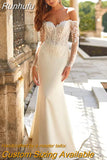 Mermaid V-Neck Wedding Dress Off The Shoulder Lace Appliques Sexy Spandex Bride Gown Zipper Button Vestido De novia