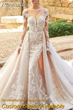 Mermaid Detachable 2 In 1 Wedding Dress Embroidered Lace On Net With O-neck Full Sleeve Vintage Gowns Vestido De Novia
