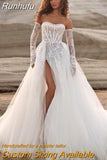 White A-Line Wedding Dresses Elegant Lace High Split Appliques Bridal Gowns Boho Beach Sweetheart Wedding Gowns Custom Size